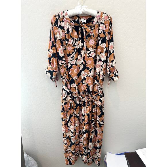 BOHME | Floral Midi Dress Black Pink Brown Boho Tie Neck | Size Medium - Picture 1 of 8